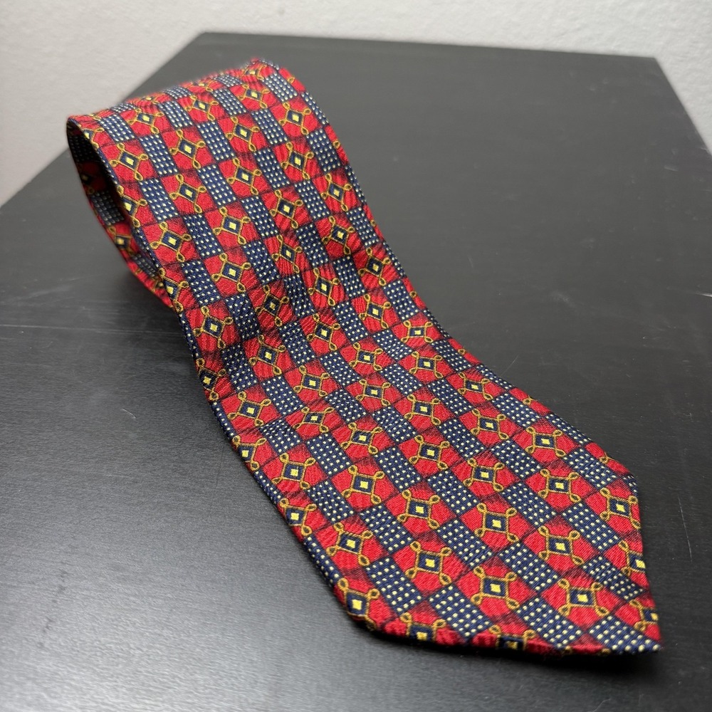Ermenegildo Zegna Tie Mens Red Blue Geometric Pattern 100% Silk Necktie Woven